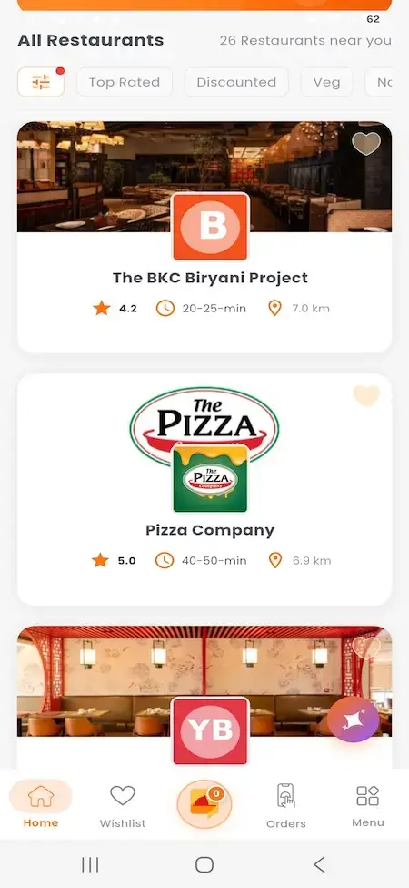 ChowNow Clone 14 UberEats Clone All Restaurants List showing restaurant cards with ratings, delivery time, distance and cuisine filters