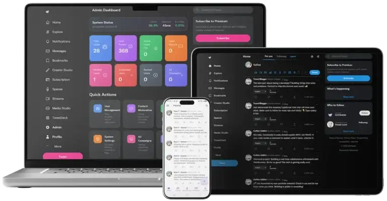 Twitter Clone 49 Twitter Clone Cross Platform solution displayed across web, tablet, mobile app, and admin dashboard.