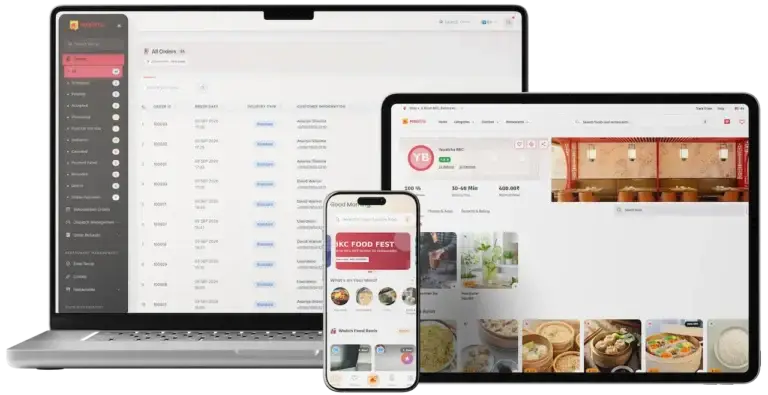 White Label Food Delivery App 79 Cross-Platform Solution showing admin order management, restaurant discovery and customer ordering interfaces on laptop, tablet and mobile