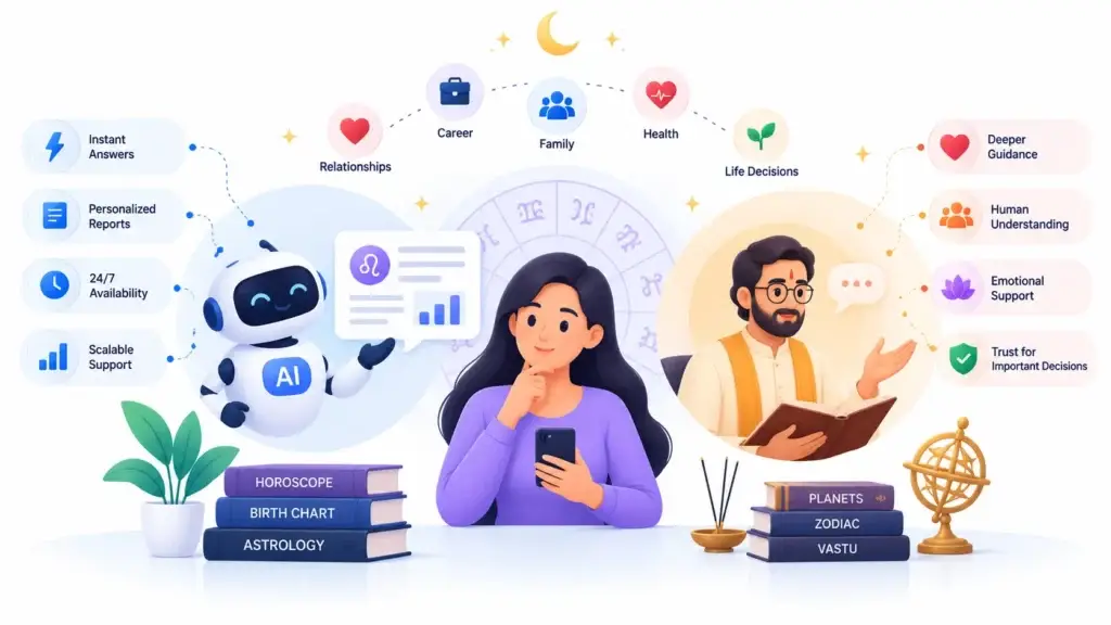 AI Astrologer vs Human Astrologer: What Role Should Each Play in a Digital Astrology Platform? 1 AI and human astrology guidance showing instant answers, personalized reports, 24/7 availability, relationships, career, family, health, and life decisions
