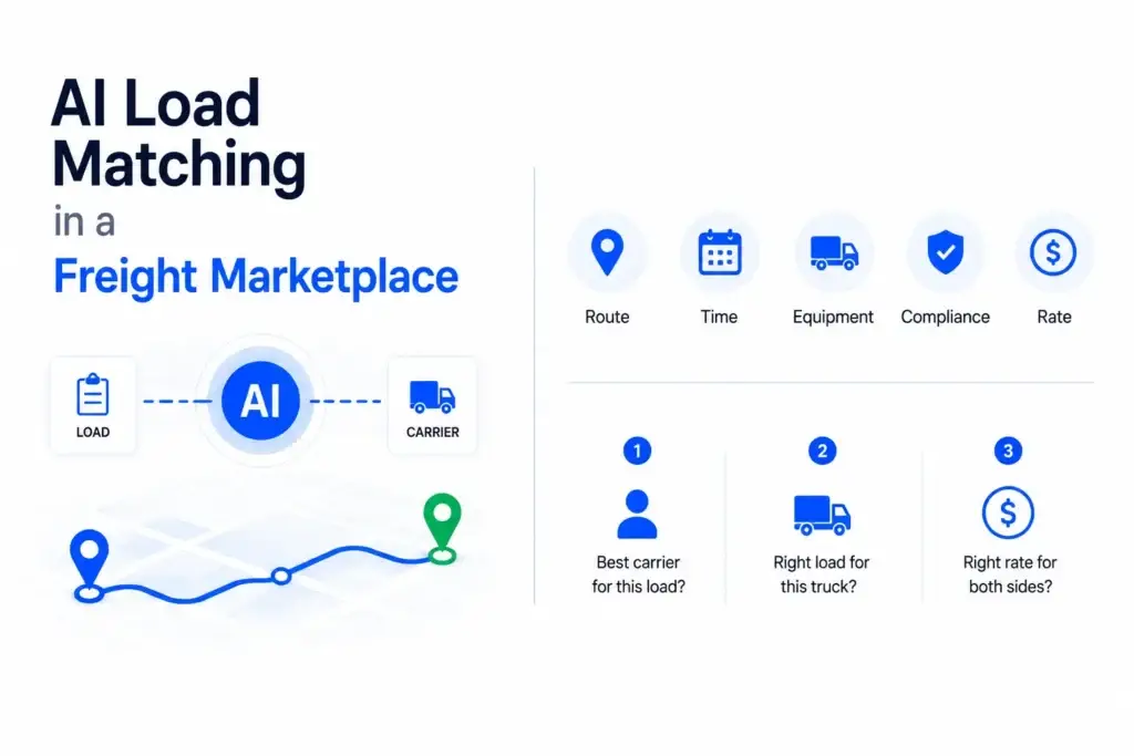 AI Load Matching in a Digital Freight Marketplace: Improving Carrier Fit, Route Efficiency, and Rate Decisions 1 AI load matching in a digital freight marketplace showing route, time, equipment, compliance, carrier fit, and rate decisions.