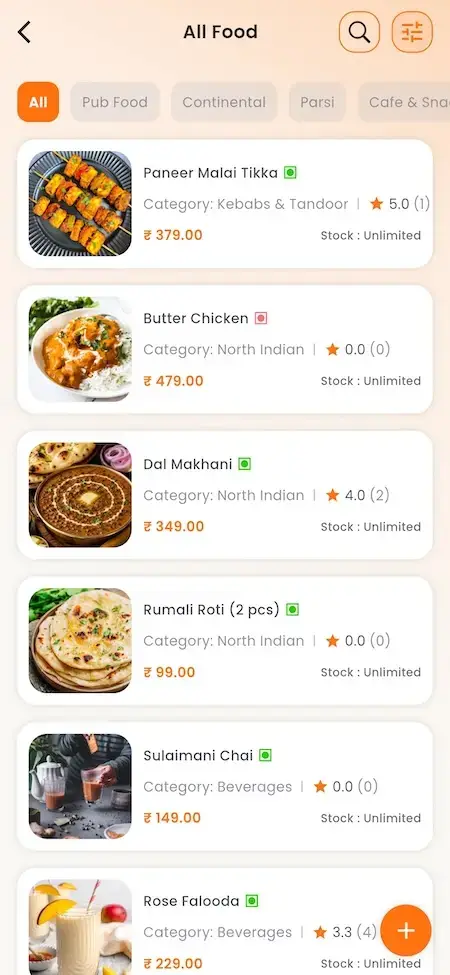 ChowNow Clone 32 UberEats Clone Restaurant Food Catalogue showing menu filters, dish images, prices, ratings, stock and add-item control
