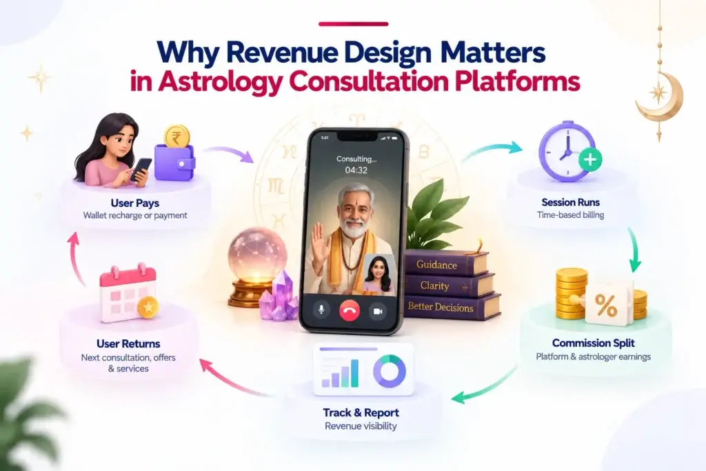 How Astrology Consultation Platforms Generate Revenue From Paid Sessions, Wallets, AI Tools, and Services 1 Revenue design workflow for an astrology consultation platform with payments, session billing, commissions, and user retention
