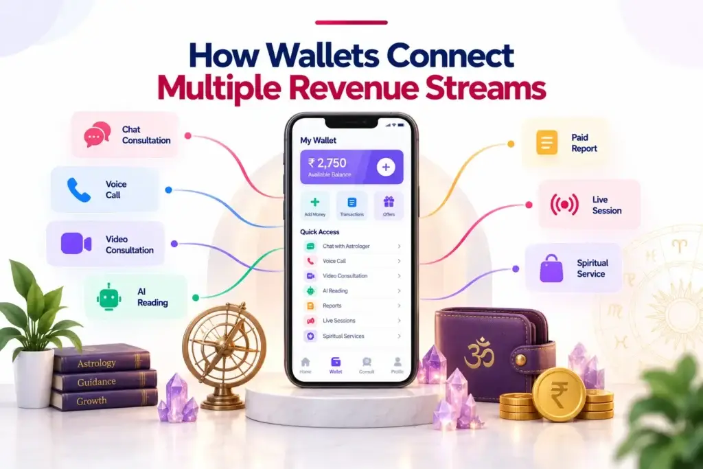 How Astrology Consultation Platforms Generate Revenue From Paid Sessions, Wallets, AI Tools, and Services 2 Astrology platform wallet connecting chat, voice, video, AI readings, reports, live sessions, and spiritual services