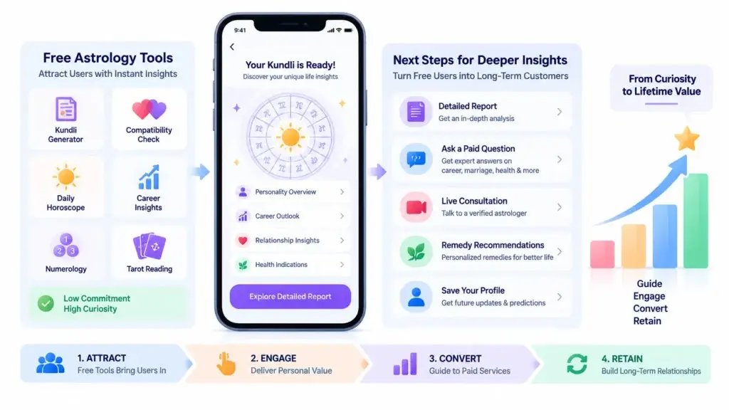 From Free Kundli to Paid Consultation: Designing the User Journey in a Digital Astrology Platform 1 Astrology user conversion journey from free tools and Kundli insights to detailed reports, paid questions, live consultations, remedies, and long-term retention