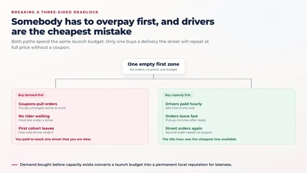 Grubhub Marketing for Startups: Cold Start in a Delivery Dispatch Zone 1 Branching diagram of one empty first zone splitting into two launch strategies, buying customer demand first versus buying guaranteed driver hours first, with three steps and a closing outcome on each path