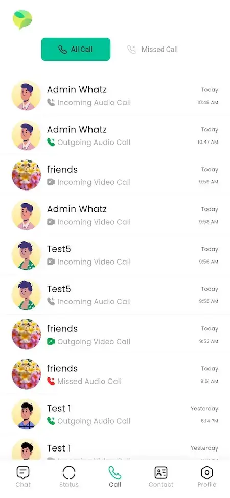 WhatsApp Clone 20 WhatsApp Clone mobile call history showing incoming, outgoing, missed audio and video calls with dates and times.