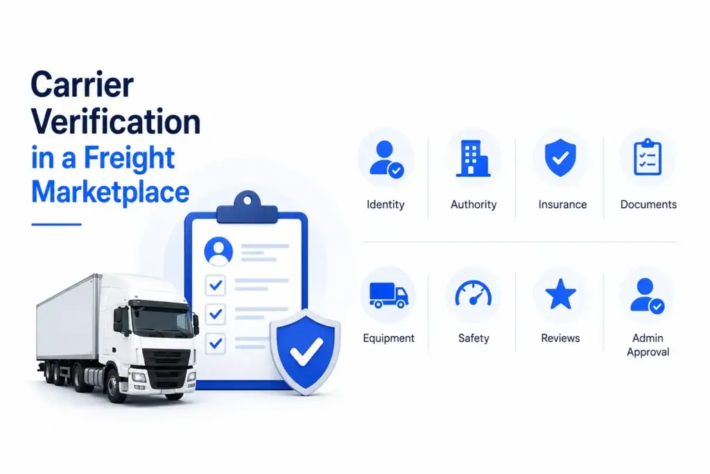 Carrier Verification in a Digital Freight Marketplace: Reducing Fraud, Compliance Risk, and Unqualified Capacity 1 Carrier verification in a freight marketplace showing identity, authority, insurance, documents, equipment, safety, reviews, and admin approval.