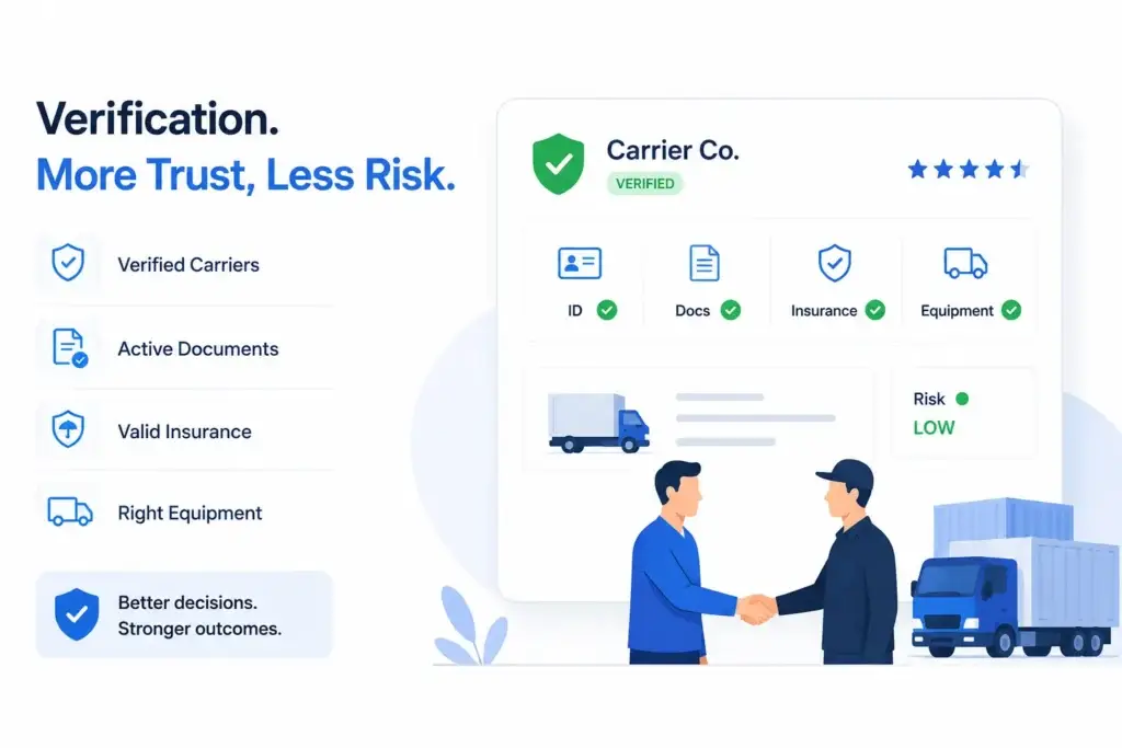 Carrier Verification in a Digital Freight Marketplace: Reducing Fraud, Compliance Risk, and Unqualified Capacity 2 Carrier verification in a freight marketplace showing verified carriers, active documents, valid insurance, equipment checks, and low-risk approval.