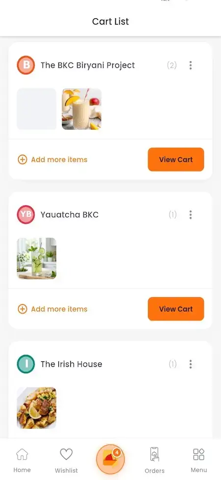 ChowNow Clone 22 UberEats Clone Customer Cart List showing restaurant-grouped cart items with add-more and view-cart actions