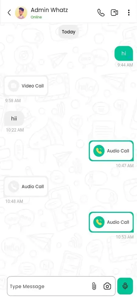 WhatsApp Clone 19 WhatsApp Clone mobile chat conversation with text messages, audio-call cards, video-call actions and message composer controls.