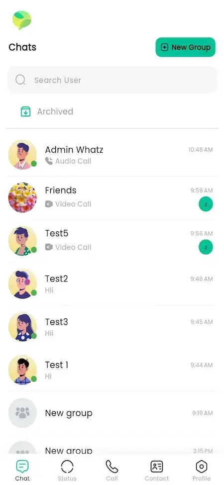 WhatsApp Clone 18 WhatsApp Clone mobile chats list with search, archived chats, recent conversations, groups and a New Group button.