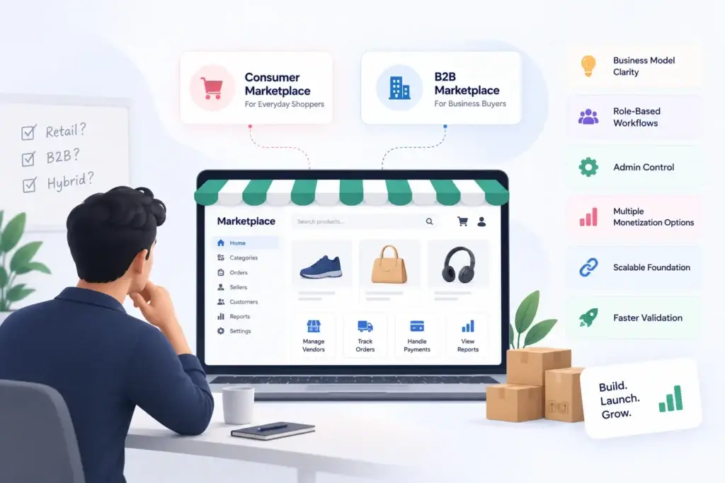 Online Retail Marketplace vs B2B Marketplace: Which Business Model Fits Startups Better? 2 Founder choosing between a consumer retail marketplace, B2B marketplace, or hybrid business model for a scalable platform.
