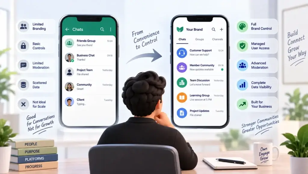 Why Businesses Are Moving From Consumer Messaging Apps to Owned Messaging Platforms 1 Consumer messaging app compared with an owned messaging platform featuring brand control, managed access, advanced moderation, and data visibility.