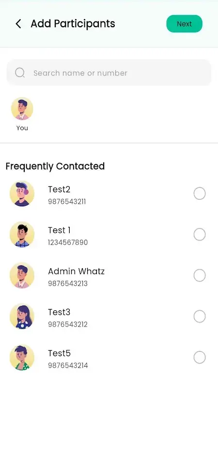 WhatsApp Clone 17 WhatsApp Clone mobile Add Participants screen with contact search, frequently contacted users and selection controls.
