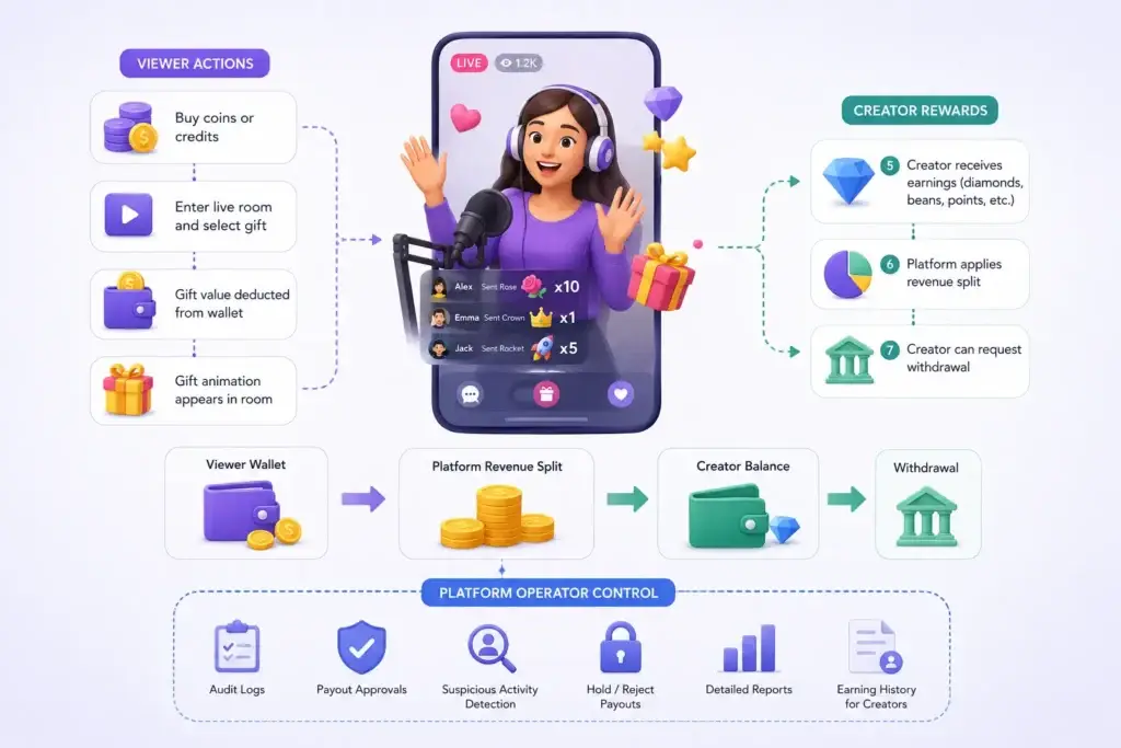 Live Streaming Entertainment Platform Monetization: Virtual Gifts, Creator Earnings, and Revenue Splits 2 Creator payout workflow showing viewer purchases, virtual gifts, revenue sharing, creator balance, withdrawals, approvals, and fraud controls.