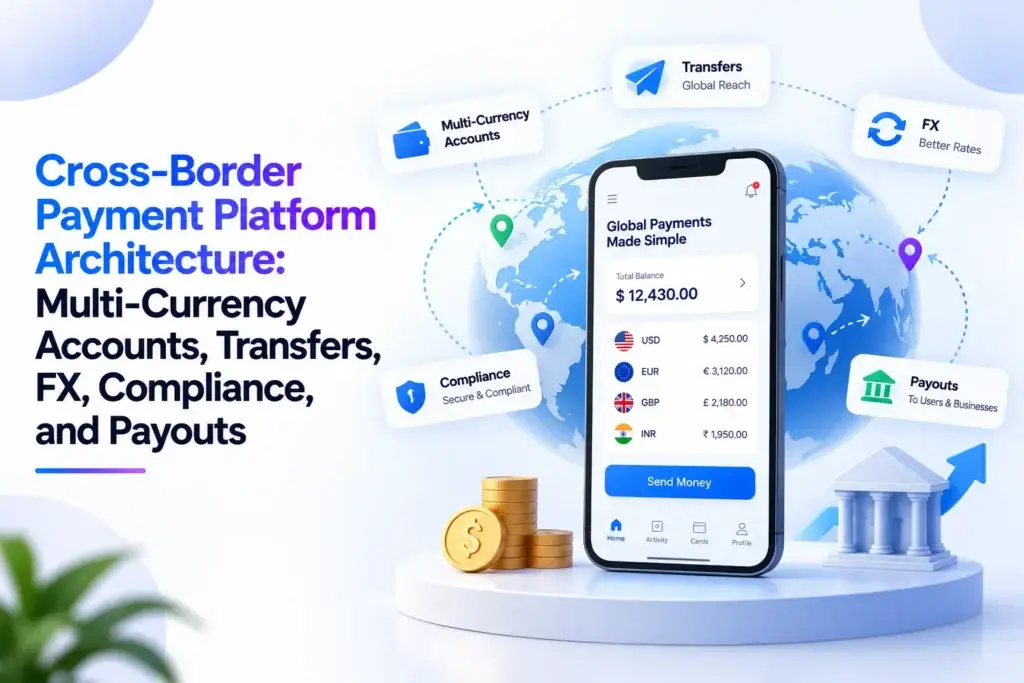 Cross-border payment platform architecture with multi-currency accounts, global transfers, FX rates, compliance, and payouts