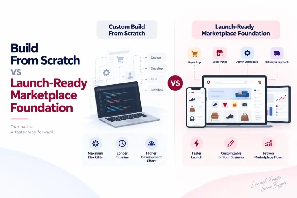Regional Ecommerce Marketplace Architecture: Multi-Currency, Tax Zones, Seller Operations, and Delivery 2 Custom marketplace development versus launch-ready ecommerce marketplace foundation showing development effort, launch speed, buyer app, seller panel, admin dashboard, delivery, and payments