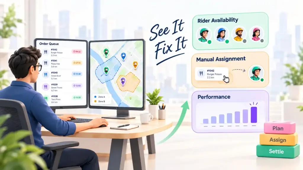 Which Features Does a Food Delivery Dispatch Platform Need for Order Assignment, Rider Tracking, and Fleet Control? 2 Delivery fleet control view showing rider availability, live order queue, delivery zones, and dispatcher assignment tools.