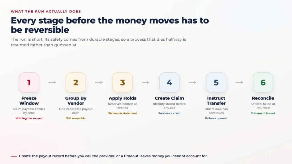 How to Build a Speciality Food Marketplace Like Goldbelly: Vendor Payouts 1 Six stage flow of a marketplace disbursement run, from freezing the ledger window and grouping by vendor through applying holds, creating an identified payout claim, instructing the transfer and reconciling settlement