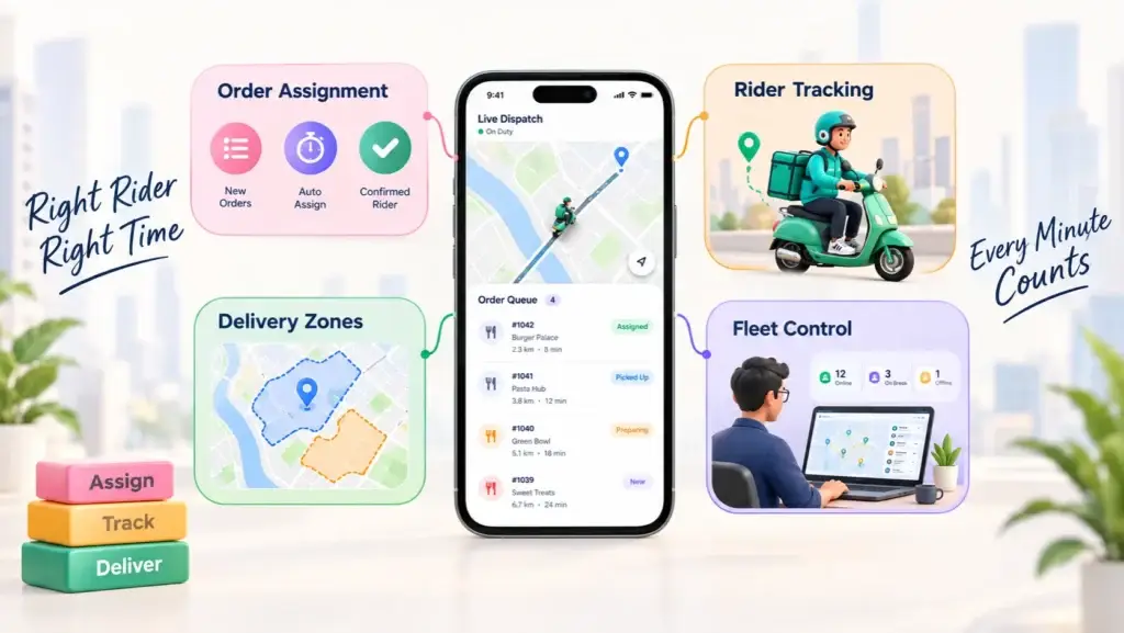 Which Features Does a Food Delivery Dispatch Platform Need for Order Assignment, Rider Tracking, and Fleet Control? 1 Food delivery dispatch platform showing order assignment, rider tracking, delivery zones, and fleet control working together.