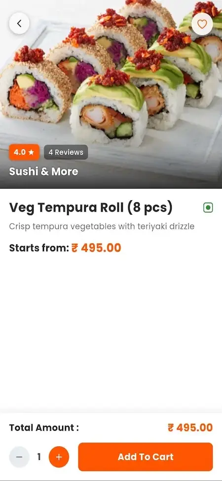 ChowNow Clone 21 UberEats Clone Customer Food Details showing sushi image, rating, description, price, quantity and add-to-cart action