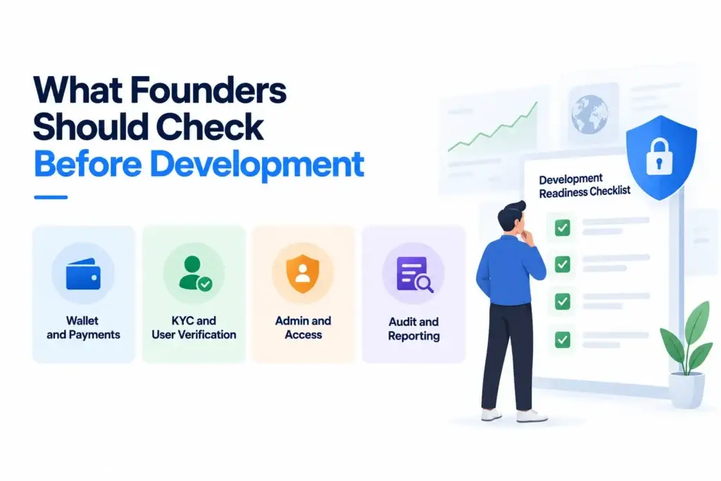 Multi-Asset Investment Platform Security: Wallet Verification, KYC Controls, and Audit Trails 2 Founder development readiness checklist covering wallet and payments, KYC verification, admin access, audit trails, and reporting