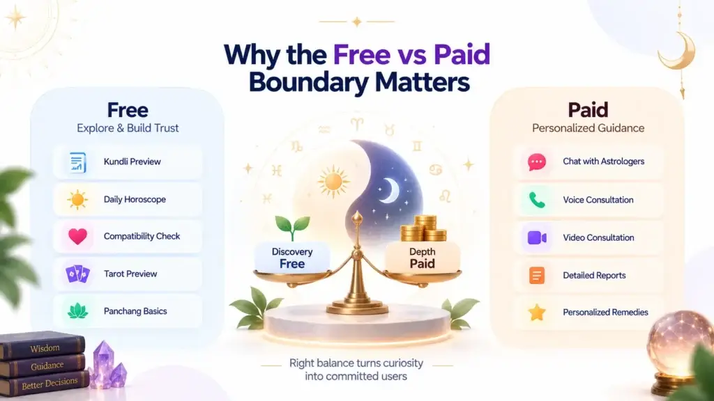 Free Astrology Tools vs Paid Consultations: Where Should a Digital Astrology Platform Draw the Line? 1 Free vs paid astrology platform features showing kundli previews, horoscopes, consultations, reports, and personalized remedies