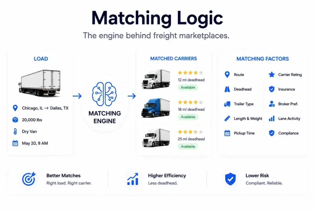 How Can Freight Marketplaces Support Van, Reefer, Flatbed, and Specialty Loads in One Platform?ย 2 Freight marketplace matching logic connecting loads with suitable carriers based on route, deadhead, trailer type, rating, insurance, and compliance.