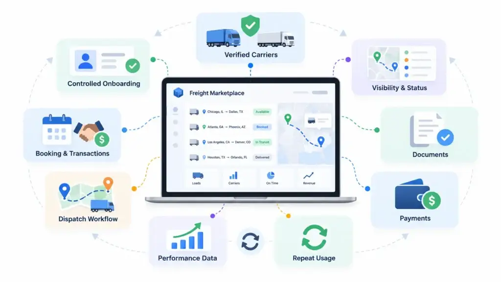 Freight Marketplace vs Traditional Load Board: Which Model Gives Founders More Growth Options? 2 Freight marketplace operations connecting verified carriers, controlled onboarding, booking, transactions, dispatch, shipment visibility, documents, payments, and performance data