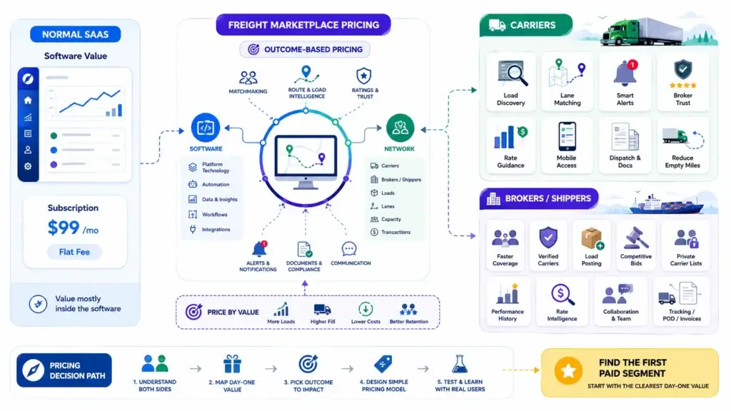How Should Founders Plan Pricing, Subscriptions, and Premium Tools for a Freight Marketplace? 1 Freight marketplace pricing strategy comparing SaaS subscriptions with outcome-based pricing for carriers, brokers, and shippers.