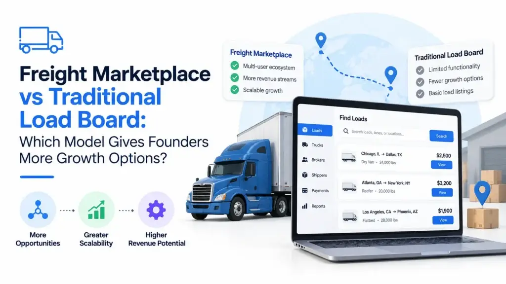 White Label Load Board Software 107 Freight marketplace vs traditional load board comparison showing scalability, revenue opportunities, load listings, carriers, payments, and freight operations