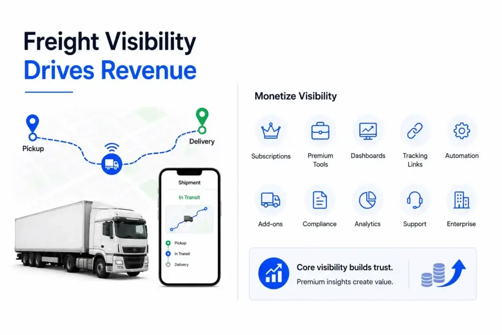 How GPS Tracking and Geofencing Improve Visibility in a Digital Freight Marketplace From Pickup to Delivery 2 Freight visibility monetization in a digital freight marketplace showing shipment tracking, subscriptions, premium tools, analytics, automation, and enterprise services.