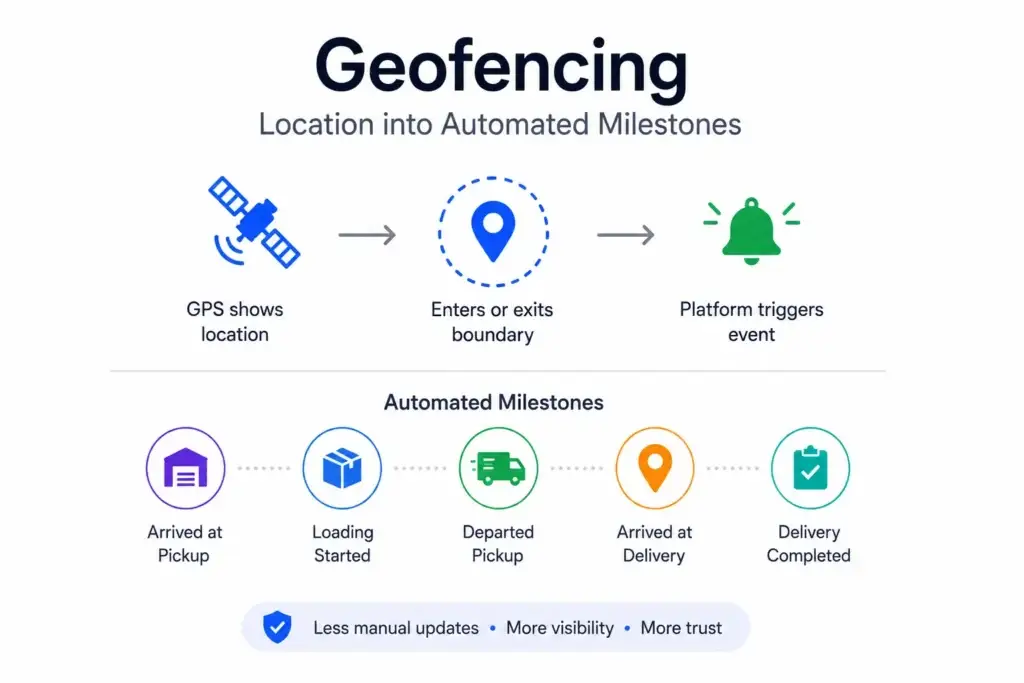 How GPS Tracking and Geofencing Improve Visibility in a Digital Freight Marketplace From Pickup to Delivery 1 Geofencing in a digital freight marketplace showing automated shipment milestones from pickup to delivery.