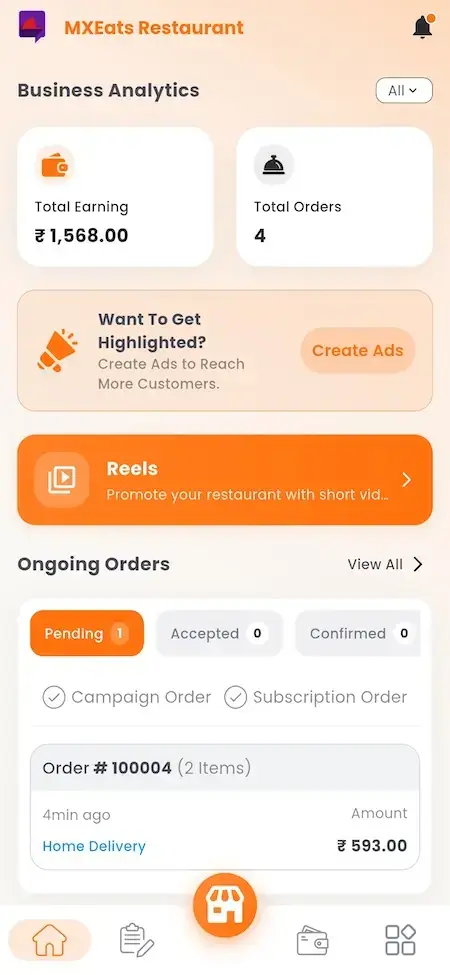 ChowNow Clone 31 UberEats Clone Restaurant Mobile Dashboard showing earnings, total orders, advertising, reels and ongoing order status