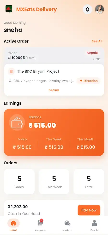 ChowNow Clone 42 UberEats Clone Delivery Partner Home showing active order, delivery location, earnings, order totals and payout action