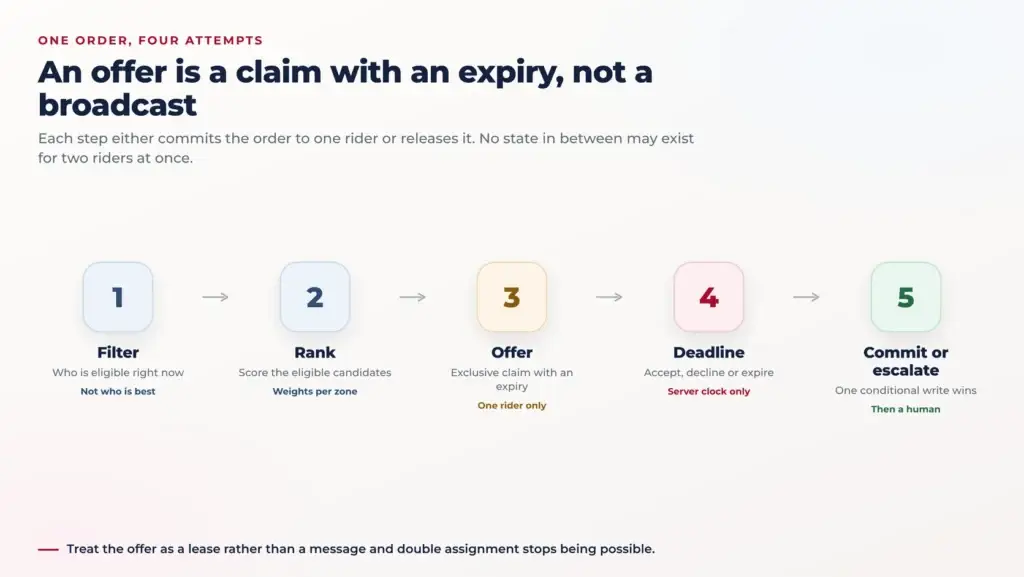 How to Build an App Like Grubhub: Inside the Food Delivery Dispatch Engine 1 Five-step flow diagram of order assignment: select candidates, rank by score, offer as an exclusive claim, wait for the deadline, then commit the accept or re-offer and escalate