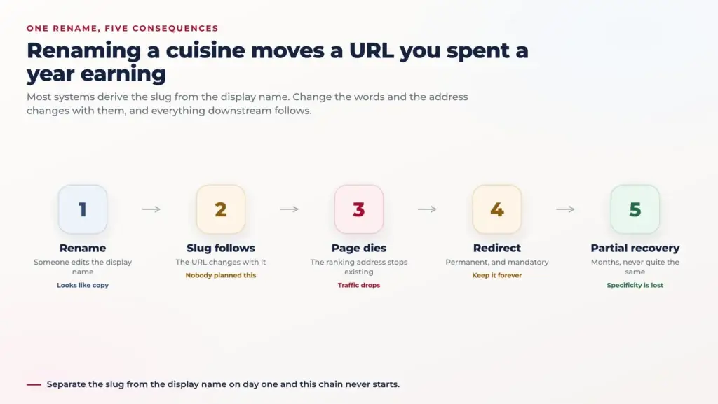 Zomato Clone Script: Restaurant Discovery Features, Pricing and Catalogue 2 Five-step flow showing how renaming a cuisine makes the slug follow the display name, kills the ranking URL, forces a permanent redirect and recovers only partially