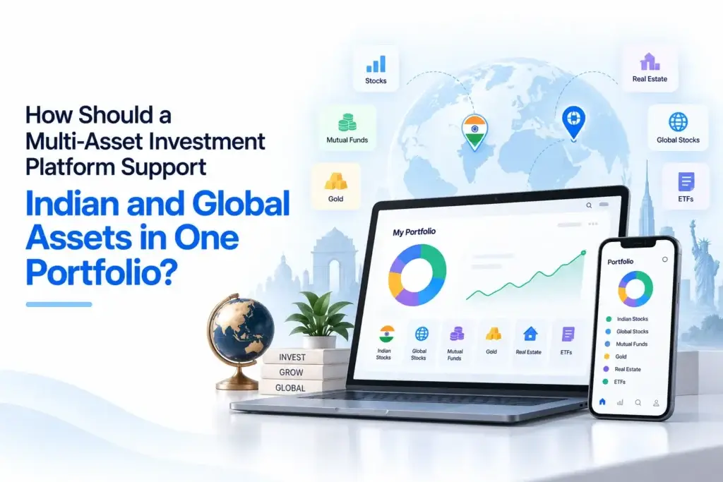 Indian and global investment platform showing stocks, mutual funds, gold, ETFs, real estate, and global assets in one unified portfolio