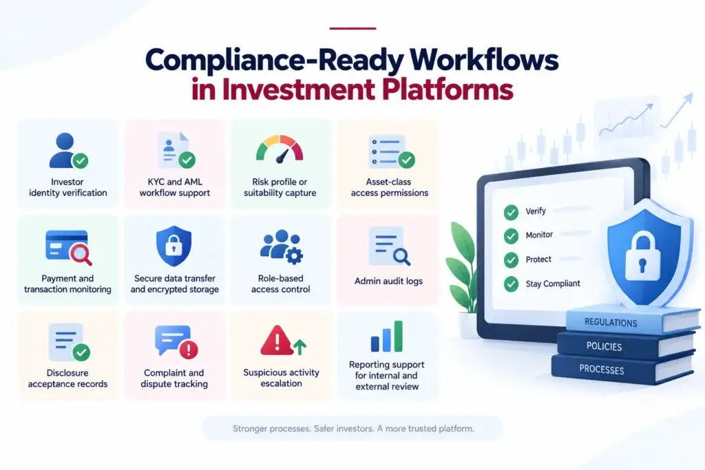 Multi-Asset Investment Platform Business Model: How Investors, Asset Classes, Orders, and Platform Operations Connect 2 Investment platform compliance workflows showing investor verification, KYC and AML, risk profiling, payment monitoring, encrypted data, audit logs, dispute tracking, and reporting