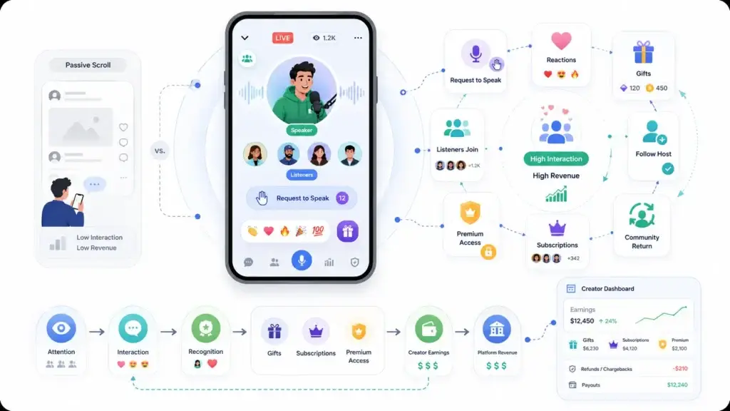 Live Social Audio Platform Monetization: Virtual Gifts, Creator Earnings, and Platform Fees 1 Common live social audio monetization mistakes including empty paid rooms, hidden fees, unclear creator earnings, developer-dependent fee changes, and weak moderation.