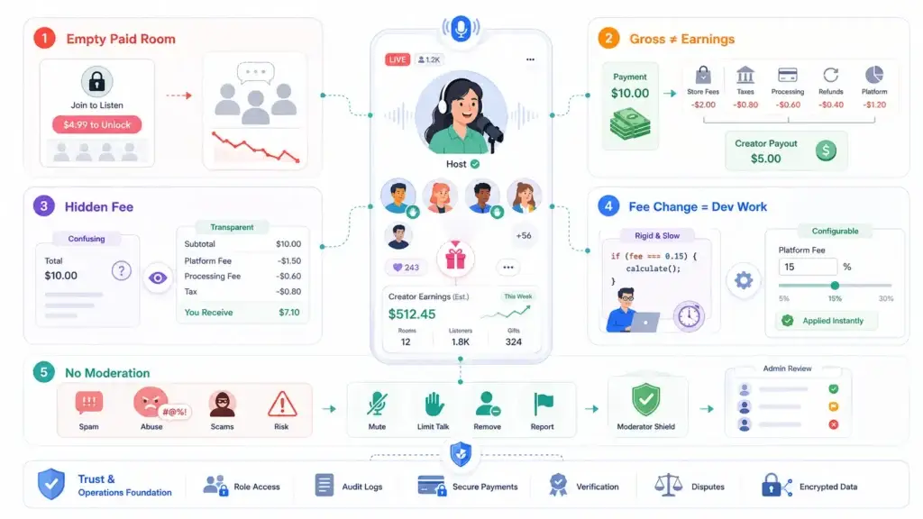 Live Social Audio Platform Monetization: Virtual Gifts, Creator Earnings, and Platform Fees 2 Live social audio platform engagement flow showing listeners, reactions, gifts, subscriptions, creator earnings, and platform revenue.