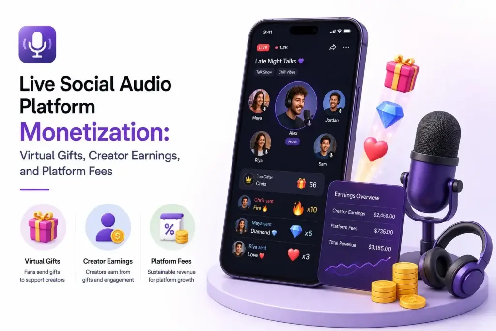 Live social audio platform monetization with virtual gifts, creator earnings, coin wallet, and platform fees