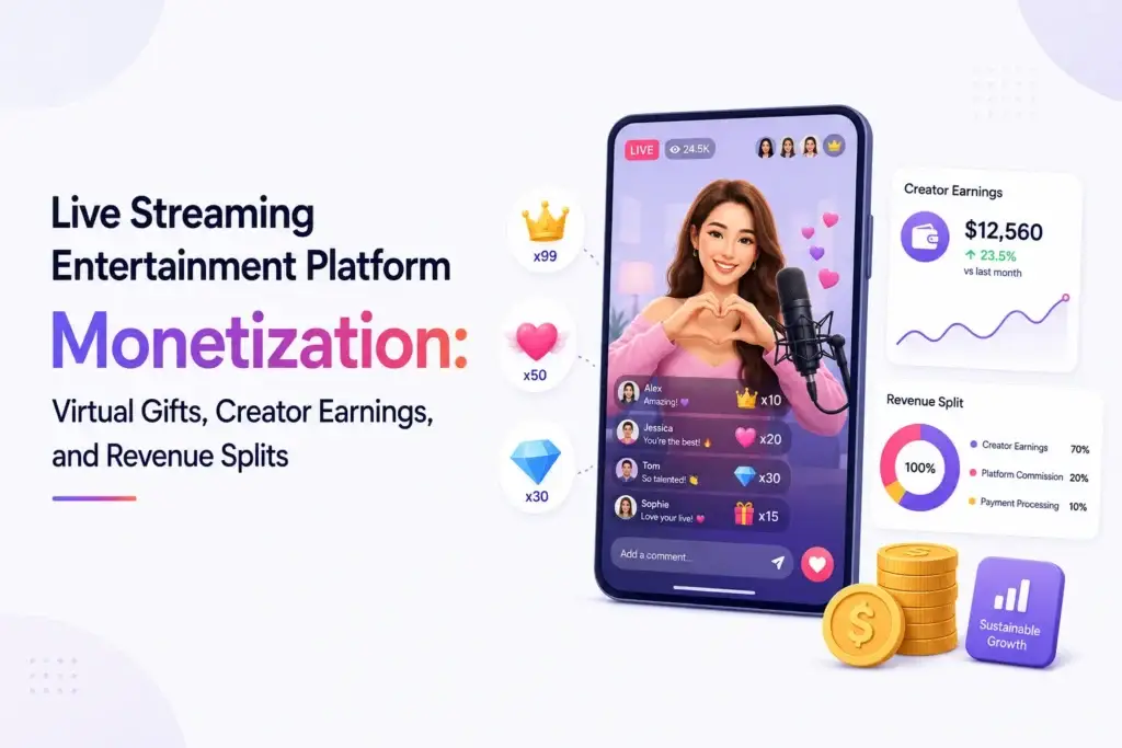 Live streaming platform monetization through virtual gifts, creator earnings, platform commissions, and payment processing fees.