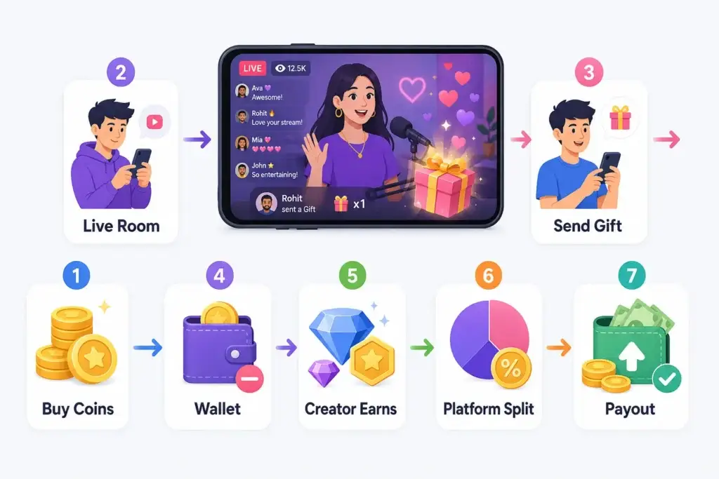 Live Streaming Entertainment Platform Monetization: Virtual Gifts, Creator Earnings, and Revenue Splits 1 Virtual gift revenue flow showing viewers buying coins, sending gifts in a live room, creator earnings, platform revenue split, and payout.