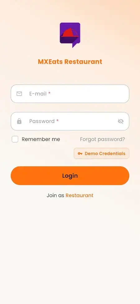 ChowNow Clone 30 UberEats Clone Restaurant Mobile Login showing email, password, remember-me and demo credentials