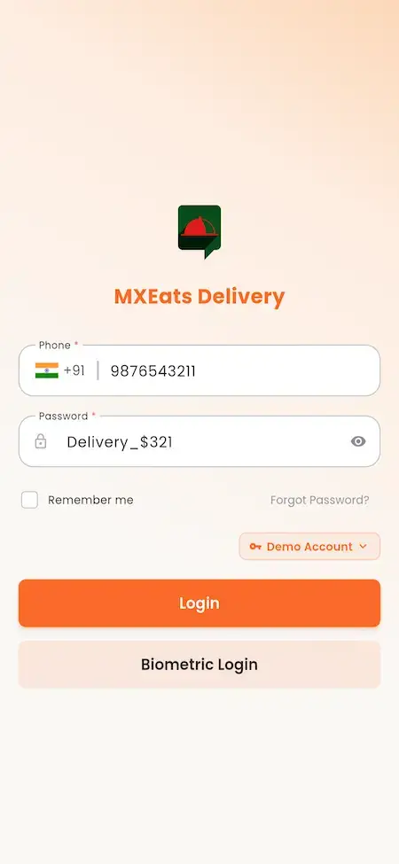 ChowNow Clone 41 UberEats Clone Delivery Partner Login showing phone, password, remember-me and biometric sign-in controls