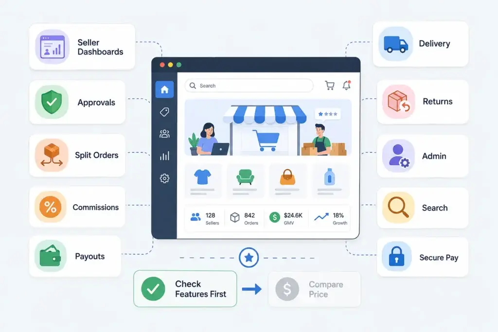 Multi-Vendor Ecommerce Marketplace Features and Cost Factors: What Founders Should Evaluate Before Launch 1 Marketplace feature evaluation covering seller dashboards, approvals, split orders, commissions, payouts, delivery, returns, admin controls, search, and secure payments.