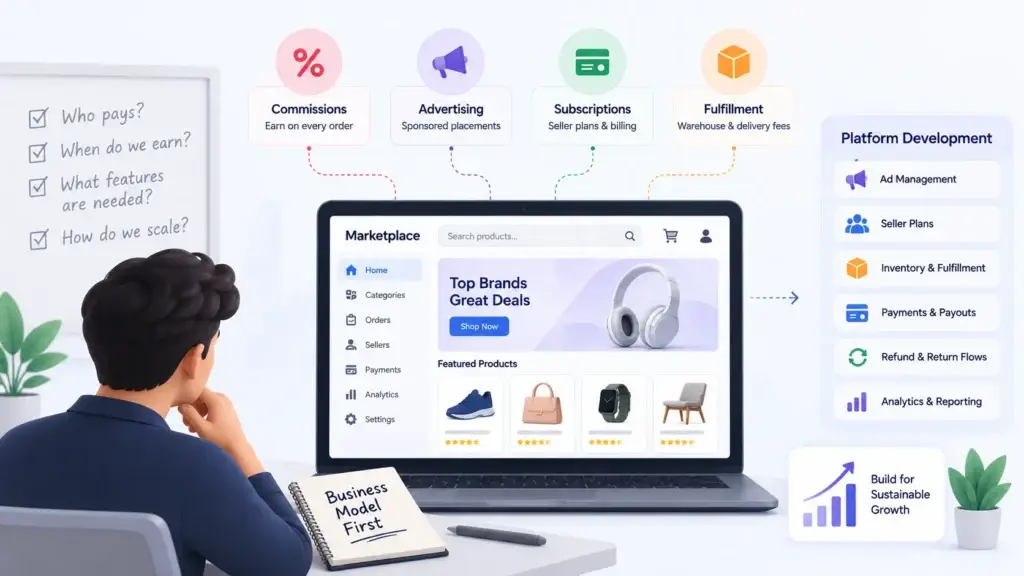 How Do Online Retail Marketplaces Generate Revenue Beyond Seller Commissions? 2 Marketplace revenue strategy guiding platform development for commissions, advertising, subscriptions, fulfilment, payments, and seller payouts.