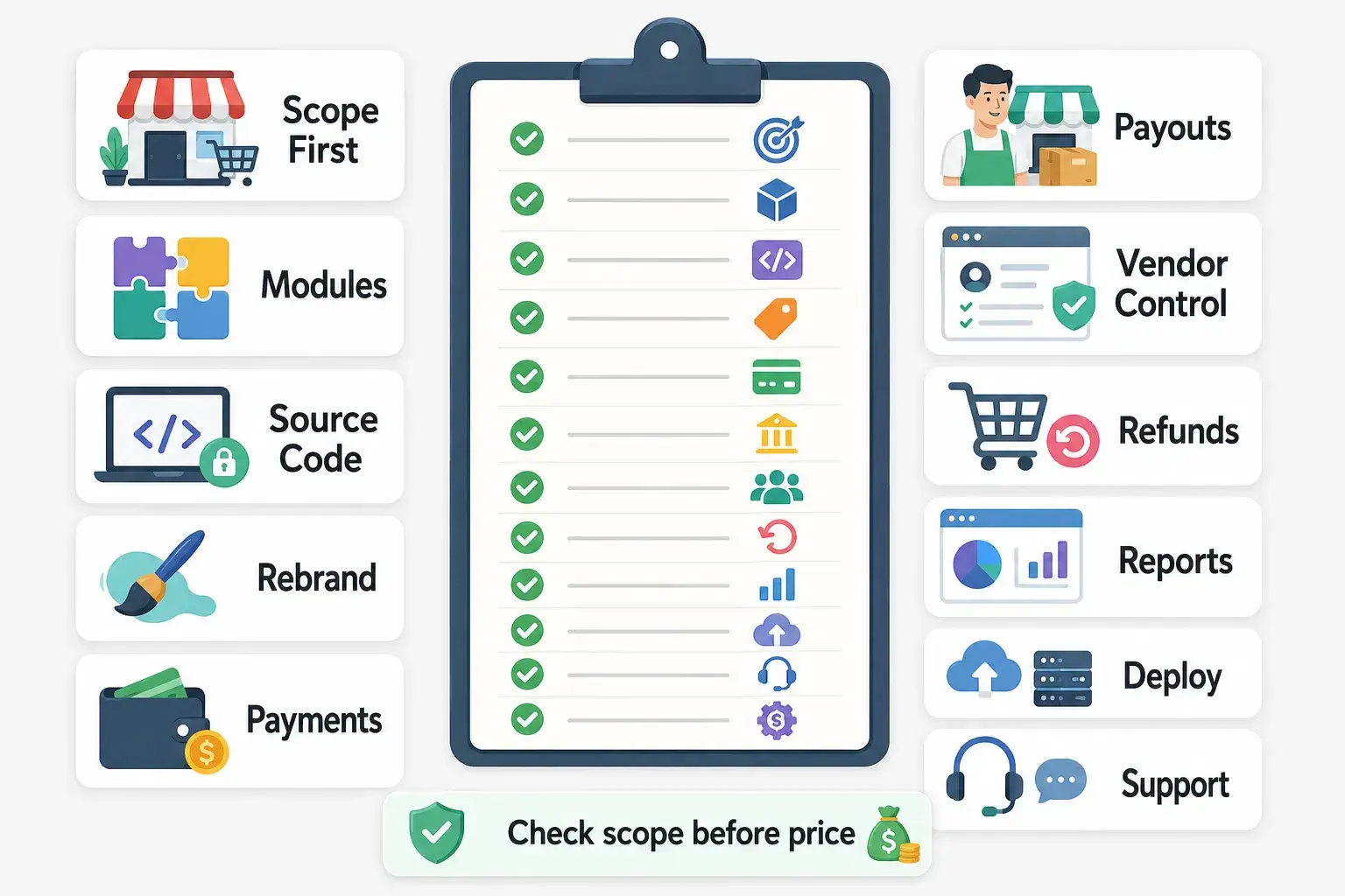 Multi-Vendor Ecommerce Marketplace Features and Cost Factors: What Founders Should Evaluate Before Launch 2 Marketplace software scope checklist covering modules, source code, branding, payments, payouts, vendor control, refunds, reports, deployment, and support.